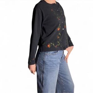 Vintage Soft Cotton Floral Embroidered Black Cardigan M